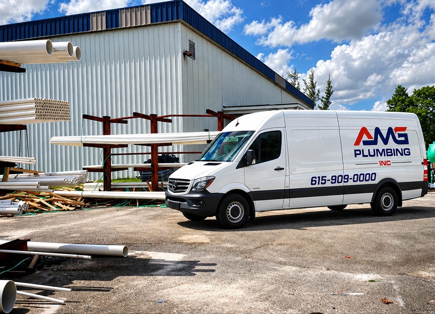 AMG Plumbing van at a plumbing supply yard